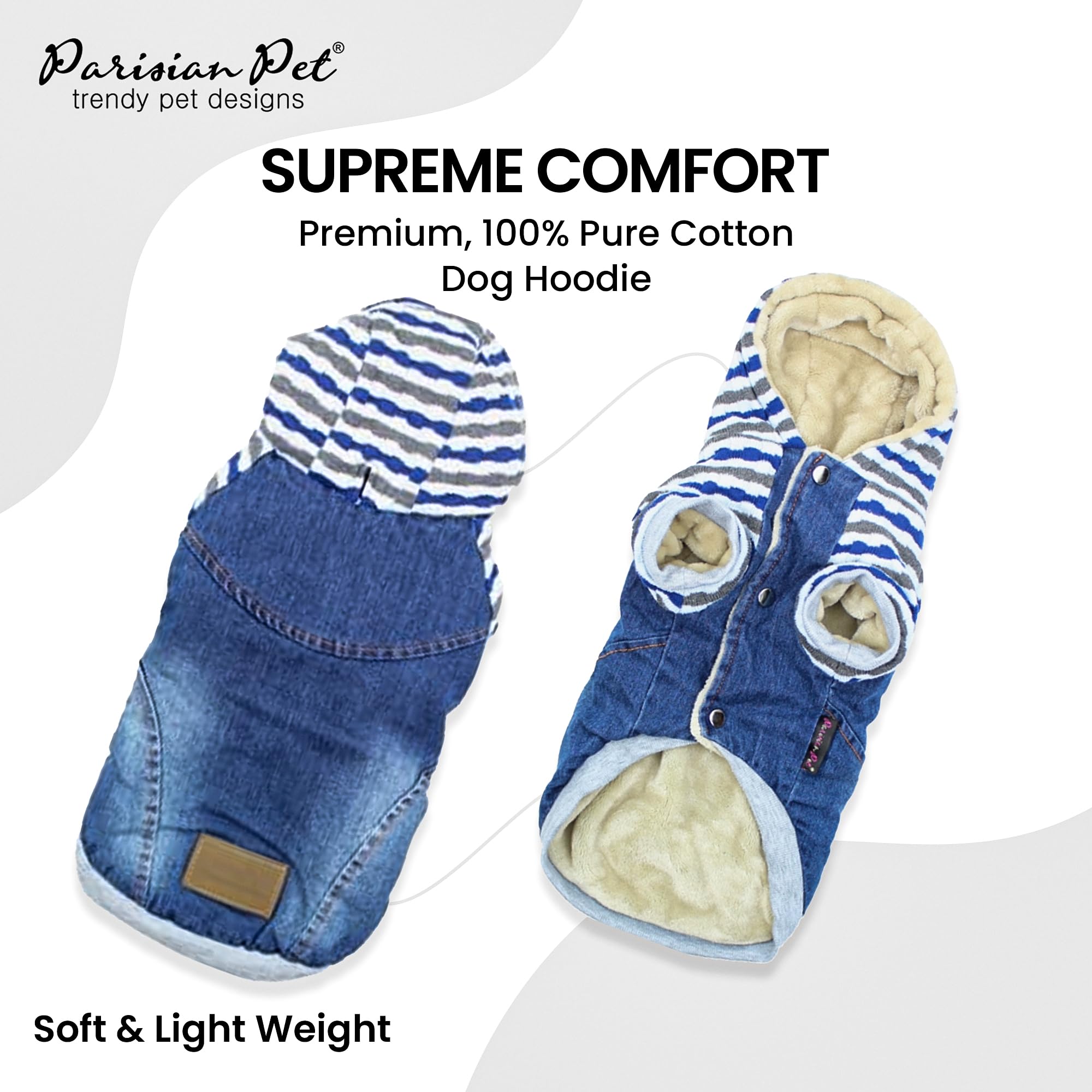 Parisian Pet Basic Hoodie - Lightweight Denim Striped Sweatshirt For Dogs With Leash Hole And Pockets - Blue Cotton Clothes For